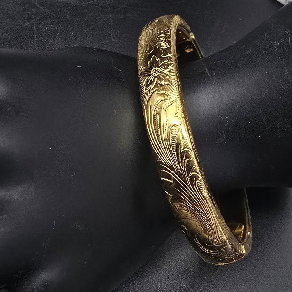 Gold Tone Etched Floral Bangle Bracelet Embossed Vintage Clamper